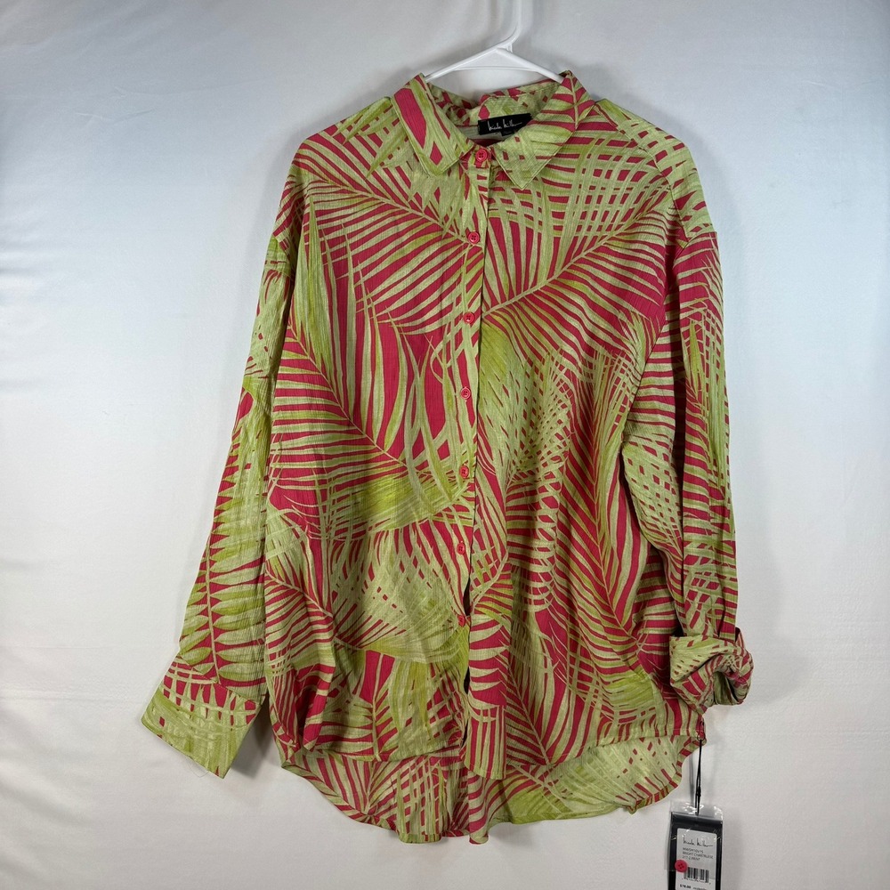 Nicole Miller Palm Leaf Print Button Down Shirt Chartreuse Pink Large NEW